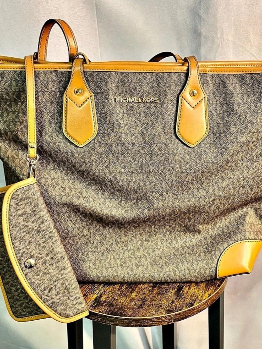 Michael Kors Voyager Medium Logo Tote Bag in Brown & Yellow